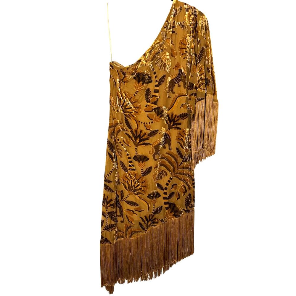 Farm Rio One-Shoulder Golden Velvet Fringe Dress - Picture 4 of 7